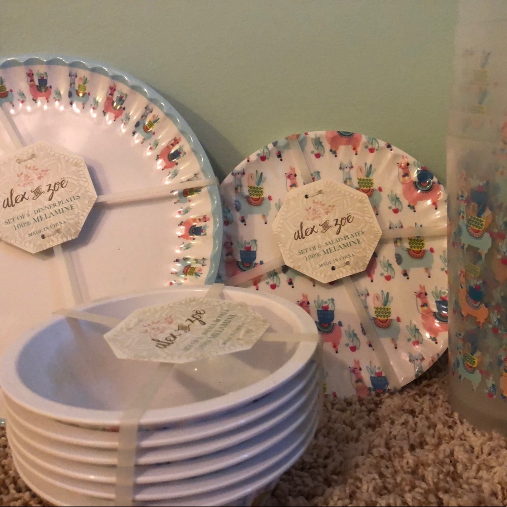 Alex and Zoe Llama Melamine Dish Bowl Cup Set NWT